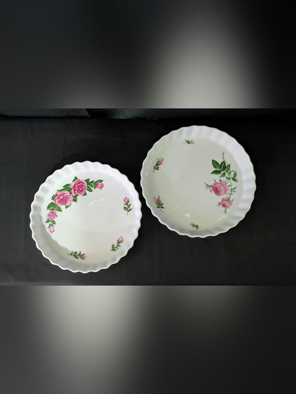 Vintage Christineholm Porcelain Rose Quiche Dish Tart Pan Fluted Pie Plate Set 2